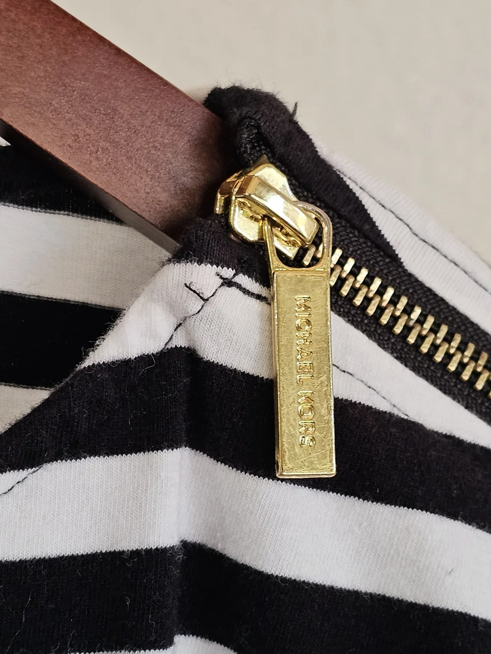 Michael Kors Black and White Striped Top with Gold Zipper, Small